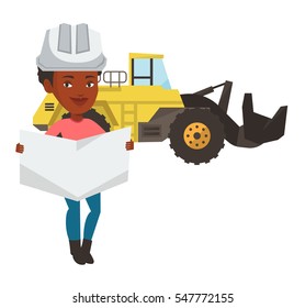 African-american engineer in helmet watching a blueprint. Young woman with engineer blueprint. An engineer in hard hat holding a blueprint. Vector flat design illustration isolated on white background