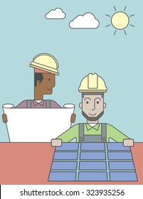An african-american engineer holding blueprints standing near caucasian worker setting up solar panel. Vector line design illustration. Vertical layout with a text space.