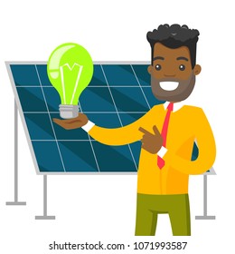 African-american engineer of solar power plant holding lightbulb on the background of solar panel. Renewable energy concept. Vector cartoon illustration isolated on white background. Square layout.