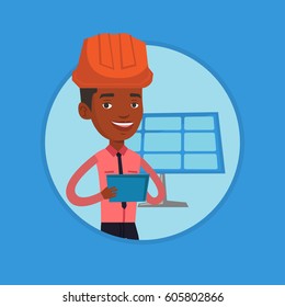African-american engineer working on digital tablet at solar power plant. Young worker in hard hat checking solar panel setup. Vector flat design illustration in the circle isolated on background.