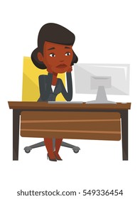 African-american exhausted employee sitting at workplace in front of computer. Overworked tired employee working with head propped on hand. Vector flat design illustration isolated on white background