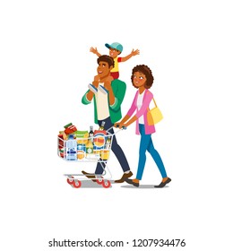 African-American Family Cartoon Vector Characters Walking with Supermarket Shopping Cart Full of Food Products Isolated on White Background. Parents with Son Buying Groceries, Making Purchases in Shop