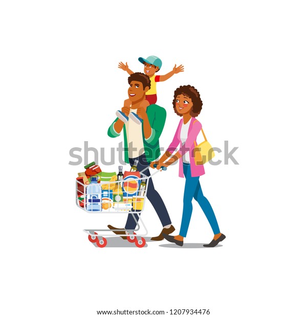 白い背景に食品がいっぱい入ったスーパーマーケットのショッピングカートで歩くアフリカ系アメリカ人の家族の漫画のベクター画像キャラクター 食料雑貨を買い 店で買い物をする親と子 のベクター画像素材 ロイヤリティフリー 1207934476