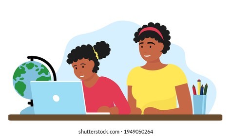 African-American Family Home Schooling. Online School, Mother And Child, Computer. Tutor. Cozy Vector Illustration Drawing In A Flat Style