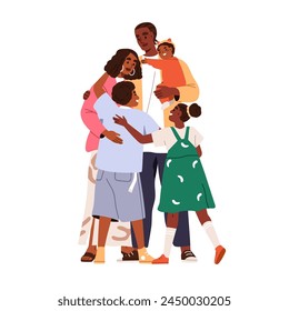 African-American family hugging. Black people, happy parents, mother, father and kids embracing. Mom, dad, baby, children together. Flat graphic vector illustration isolated on white background