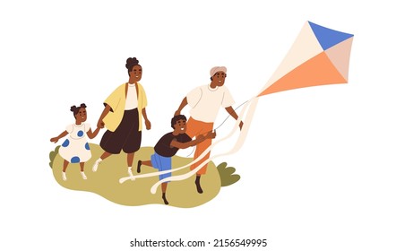 African-American family with kids fly kite together. Mom, dad, children during outdoor leisure, entertainment on summer vacation, holiday. Flat graphic vector illustration isolated on white background