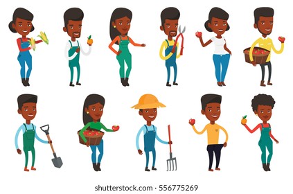 African-american farmer holding a pitchfork. Farmer in summer hat standing with a pitchfork. Young farmer working with a pitchfork. Set of vector flat design illustrations isolated on white background