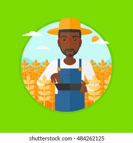 An african-american farmer in summer hat checking plants in a wheat field. Farmer working on a digital tablet in a wheat field. Vector flat design illustration in the circle isolated on background.