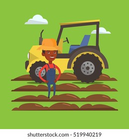 An african-american farmer in summer hat standing on the background of tractor and plowed field. Young happy farmer and tractor on cultivated field. Vector flat design illustration. Square layout.
