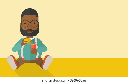 An african-american fat man with beard sitting on the floor while eating hamburger and drinking soda vector flat design illustration. Horizontal layout with a text space.