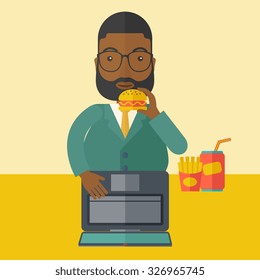 An african-american fat man with beard standing in front of a laptop while eating hamburger vector flat design illustration. Square layout.