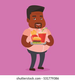 An african-american fat man holding tray with fast food. Young smiling man having a lunch in a fast food restaurant. Happy plump man with fast food. Vector flat design illustration. Square layout.