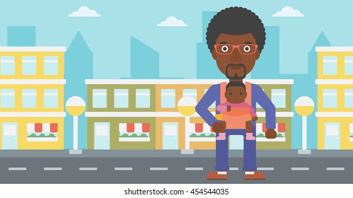 An african-american father carrying daughter in sling. Father with baby in sling walking in the city street. Young father carrying newborn in sling. Vector flat design illustration. Horizontal layout.