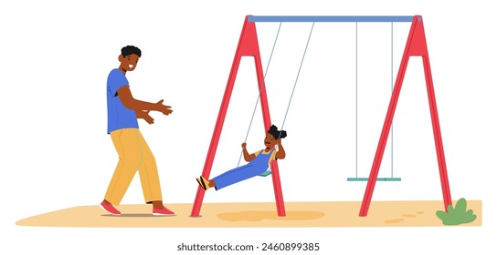 El Personaje De Un Padre Afroestadounidense Empuja Suavemente A Su Hija Pequeña En Un Columpio En Un Patio De Juegos Colorido, Retratando La Alegría Y La Vinculación En Las Actividades De Padres E Hijos Al Aire Libre. Ilustración vectorial de dibujos animados