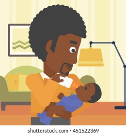 An african-american father feeding baby with a milk bottle. Father feeding newborn baby at home. Baby boy drinking milk from bottle. Vector flat design illustration. Square layout.