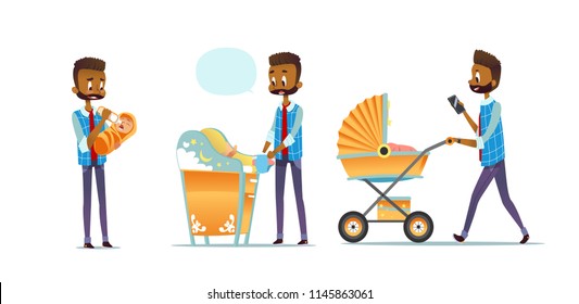 African-American father taking care of child isolated on white background. Set of man feeding baby, changing diaper, carrying stroller. Super dad, modern fatherhood. Flat cartoon vector illustration