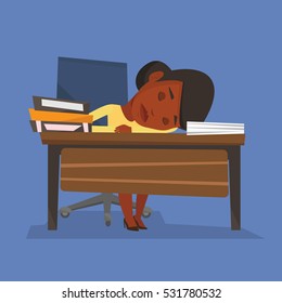 An african-american fatigued student sleeping at the desk with books. Tired student sleeping after learning. Girl sleeping among the books at the table. Vector flat design illustration. Square layout.
