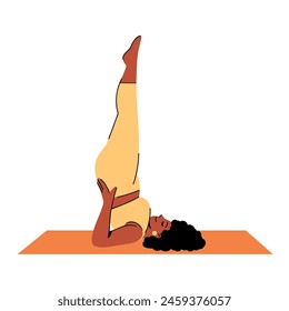 Personaje femenino afroamericano en traje deportivo amarillo haciendo ejercicio.   
Ilustración vectorial plana de una mujer de talla grande haciendo soporte de hombro, Sarvangasana. Cuerpo positivo, yoga y concepto de fuerza.