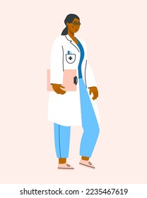 African-american female doctor with clipboard in her hand. Hospital worker.  Medical staff in uniform. Vector flat illustration