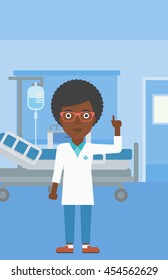 An african-american female doctor in medical gown showing finger up while standing on the background of hospital ward. Vector flat design illustration. Vertical layout.