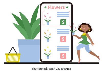 African-American female florist and mobile phone with open page 