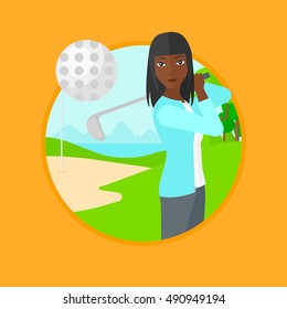 An african-american female golfer hitting the ball. Professional female golfer on golf course. Young woman playing golf. Vector flat design illustration in the circle isolated on background.