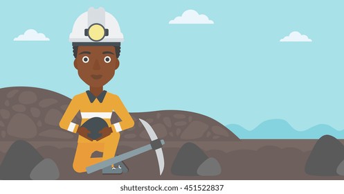 An African-american Female Miner In Hard Hat Sitting With Coal In Hands And A Pickaxe On The Background Of Coal Mine. Vector Flat Design Illustration. Horizontal Layout.