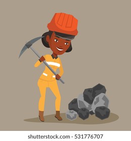 An african-american female miner in hard hat working with a pickaxe. Female miner working at the coal mine. Young female miner at work. Vector flat design illustration. Square layout.