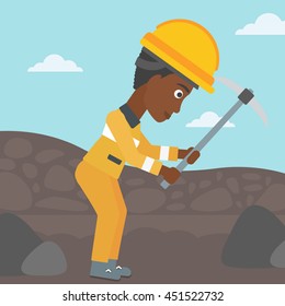 An african-american female miner working with a pickaxe. Mine worker in hard hat. Miner at the coal mine. Vector flat design illustration. Square layout.