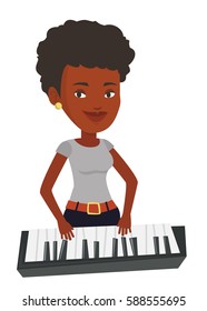 African-american female pianist playing on synthesizer. Young smiling musician playing piano. Pianist playing upright piano. Vector flat design illustration isolated on white background.