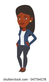 African-american female school teacher standing with hands on hips. Young smiling student. Education and learning concept. Vector flat design illustration isolated on white background.