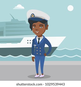 African-american female ship captain standing on the background of sea and cruise ship. Young ship captain in uniform standing on the seacoast background. Vector cartoon illustration. Square layout.