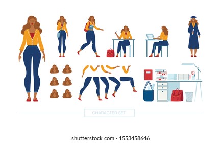 African-American Female Student Character Constructor Isolated, Trendy Flat Design Elements Set. Teen Girl Using Laptop, Writing Test, Celebrating Graduation, Body Parts, Face Expressions Illustration