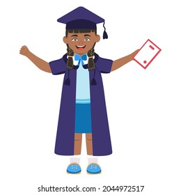 African-American female student in graduation costume celebrating graduation with diploma in hand. Fun, funny cartoon-style character for web design