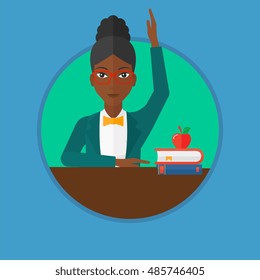 An african-american female student raising hand in the classroom for an answer. Student sitting at the table with raised hand. Vector flat design illustration in the circle isolated on background.