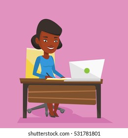 An african-american female student sitting at the table with laptop. Student using laptop for education. Student working on a laptop and writing notes. Vector flat design illustration. Square layout