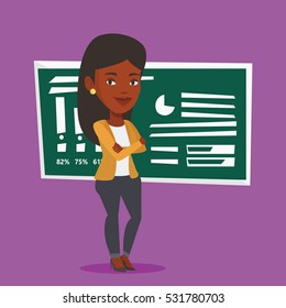 An african-american female teacher standing in classroom. Smiling teacher standing in front of chalkboard. Female teacher standing with folded arms. Vector flat design illustration. Square layout.