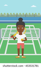 An african-american female tennis player standing on the tennis court. Tennis player holding a tennis racket and a ball. Young woman playing tennis. Vector flat design illustration. Vertical layout.