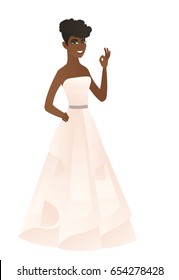 African-american fiancee in white dress showing an ok sign. Young happy fiancee making an ok sign. Successful fiancee gesturing ok sign. Vector flat design illustration isolated on white background.