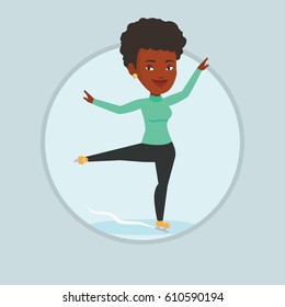 African-american Figure Skater Posing On Skates. Female Figure Skater Performing On Ice Skating Rink. Young Ice Skater Dancing. Vector Flat Design Illustration In The Circle Isolated On Background.