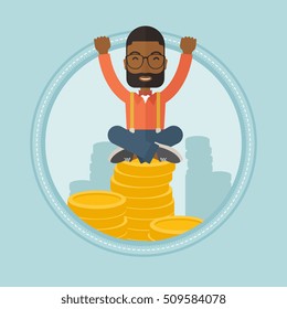 An african-american financier sitting on stack of golden coins. Financier taking care of his finances. Businessman saving finances. Vector flat design illustration in the circle isolated on background
