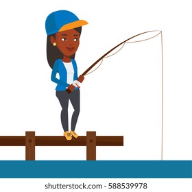 African-american Fisherwoman Fishing On Lake. Woman Relaxing During Fishing On Jetty. Angler Standing On Jetty With Fishing Rod In Hands. Vector Flat Design Illustration Isolated On White Background.