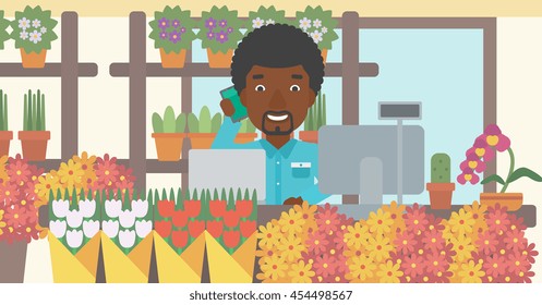 An african-american florist using telephone and laptop to take orders. A florist standing behind the counter at flower shop. Vector flat design illustration. Horizontal layout.