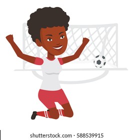 African-american football player celebrating scoring goal. Football player kneeling with raised arms on the background of gate with ball. Vector flat design illustration isolated on white background.