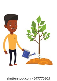 An african-american friendly man watering tree. Gardener with watering can. Young man gardening. Concept of environmental protection. Vector flat design illustration isolated on white background.