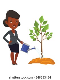 An african-american friendly woman watering tree. Gardener with watering can. Young woman gardening. Concept of environmental protection. Vector flat design illustration isolated on white background.