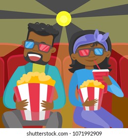 African-american friends watching three D movie. Young couple in 3d glasses watching movie and eating popcorn in the cinema. Vector cartoon illustration. Square layout.