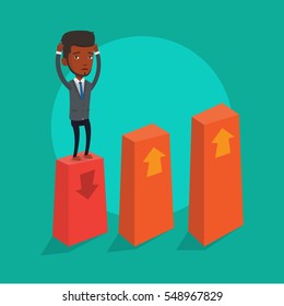 An african-american frightened bankrupt businessman clutching his head. Young bankrupt standing on chart going down. Concept of business bankruptcy. Vector flat design illustration. Square layout.