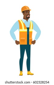 African-american furious builder in hard hat screaming. Full length of furious builder shouting. Illustration of furious builder yelling. Vector flat design illustration isolated on white background.