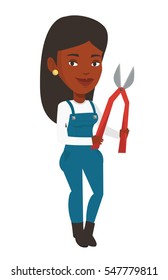African-american gardener holding a pruner. Gardener is going to trim branches of a tree with a pruner. Gardener working with a pruner. Vector flat design illustration isolated on white background.